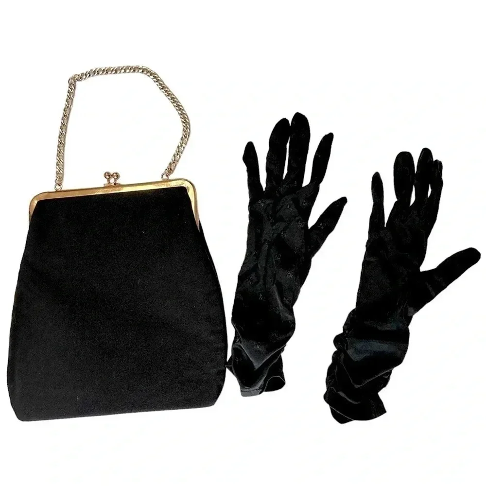 Vintage Handbag and Gloves Set OS Black Velvet‎ Gold Chain Kiss Lock Embroidered